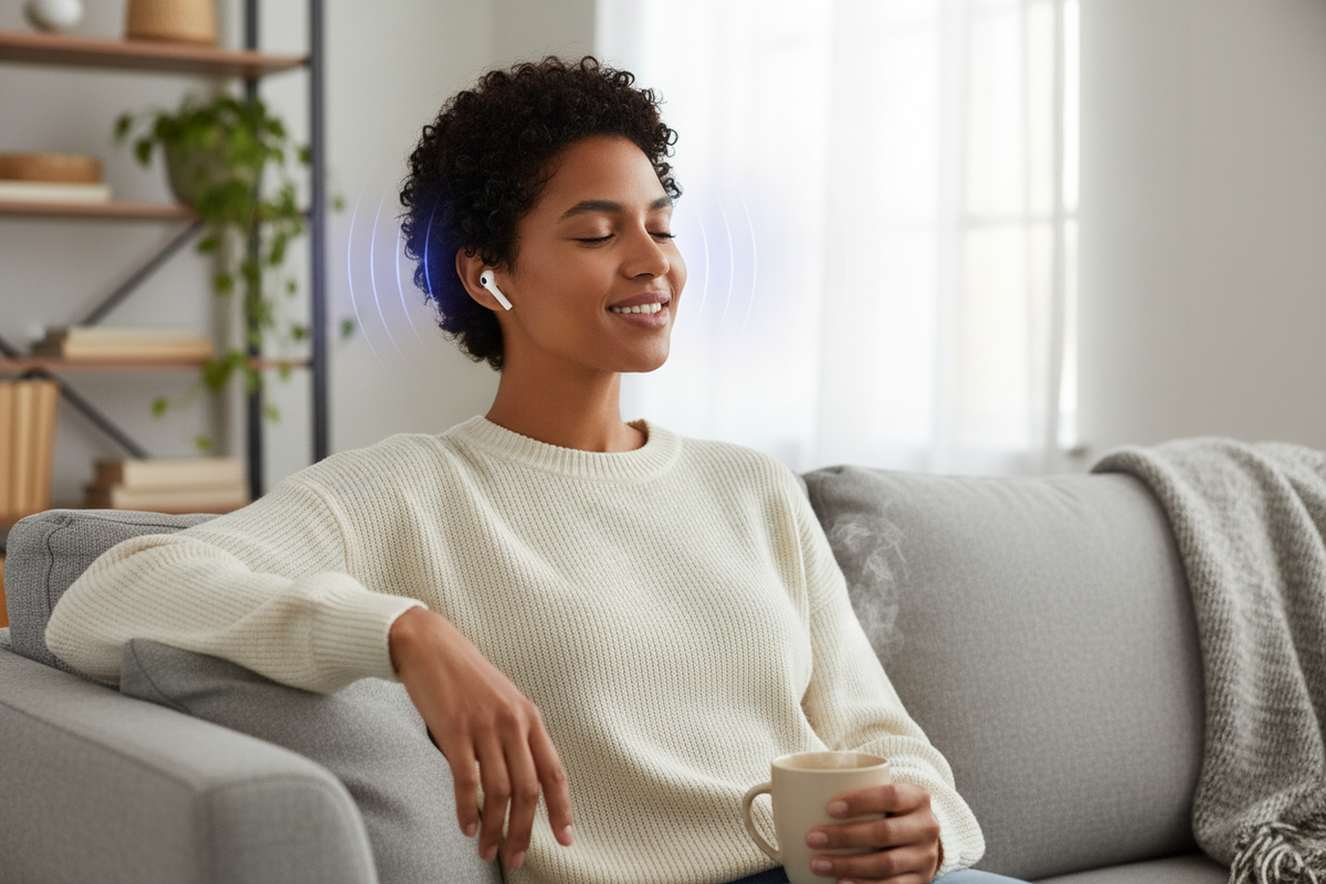 A person wearing 'AIR P2' earbuds in a relaxed setting, looking content. The earbuds are visible and appear sleek.